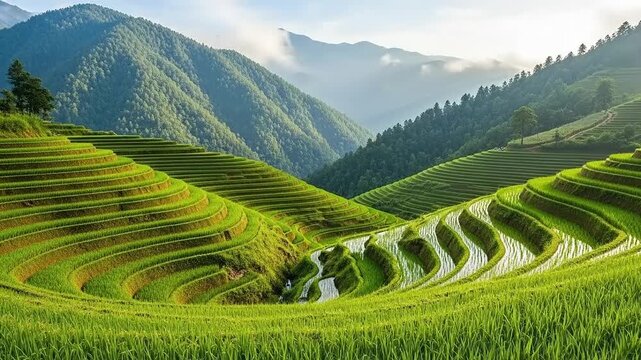 Lush Green Rice Terraces on a Misty Mountain Landscape.