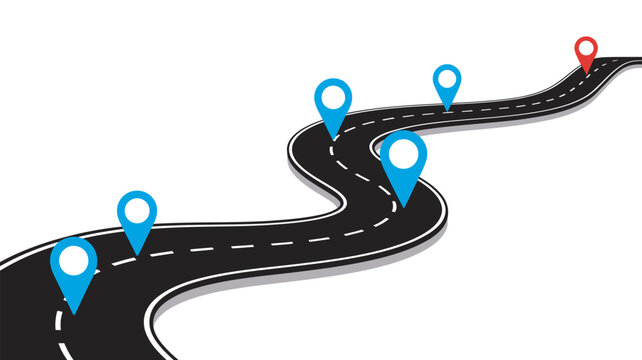 Winding road with location pins, blue markers leading to red destination point, strategic journey concept isolated on white background