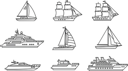 Sailboat and Ship Icon Set Featuring Yacht, Cruise Liner, Cargo Vessel, Speedboat and Classic Sailing Ships for Maritime Travel and Transportation Design © Md