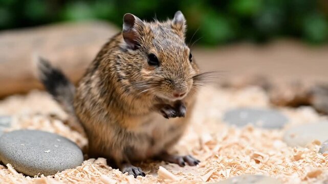 Cute brown degu rodent on wood shavings looking at camera