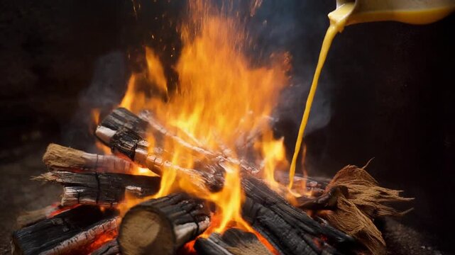 Close-Up of Pouring Ghee into Sacred Havan Kund Fire Ritual with Flying Sparks and Burning Wood