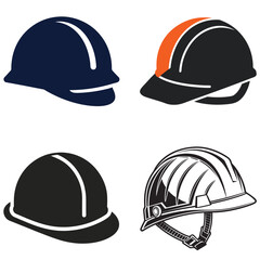Fototapeta premium Hard hats graphic set in flat and line art styles with blue, orange, and black colors for safety and construction industry.