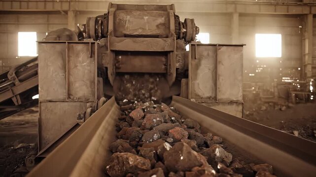 Dynamic close-up panning shot of raw metal ore moving along a conveyor belt, with an industrial crusher machine processing materials