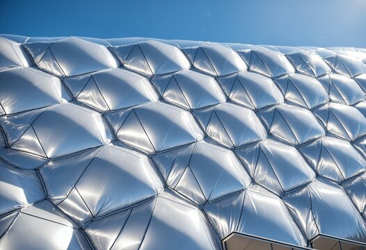 Detailed geometric texture of inflated ETFE foil cushions used in modern architectural stadium facades and roofs against a blue sky