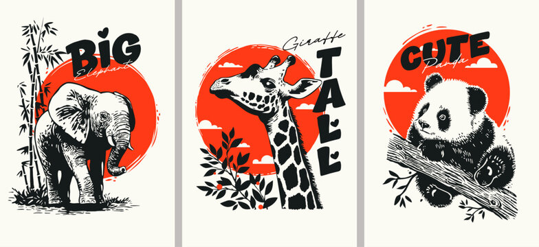 Bright retro posters in vintage Asian style with images of animals. Dynamic creative prints depicting elephant, giraffe and panda.