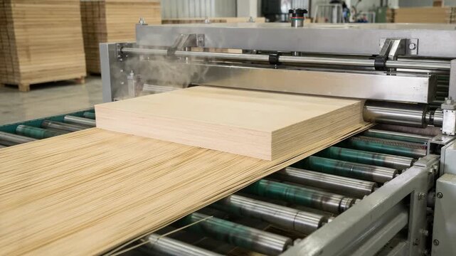 Production line showing precise layering and pressing of bamboo fibers to create highstrength furniture boards with natural texture and finish.