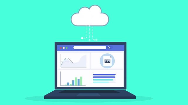 Flat vector animation of laptop displaying image analytics dashboard connected to cloud system, representing media monitoring, data reporting, and digital technology workflow.
