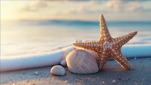 An video of a starfish on seashells at the beach, with a beautiful sunset in the background.