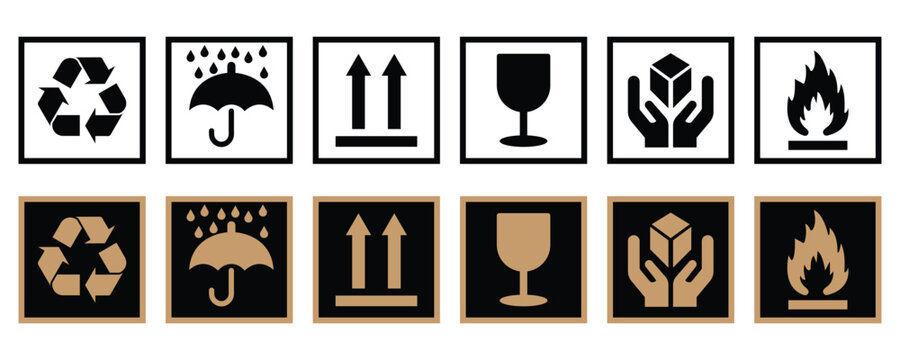 Packaging and Handling Symbols Icon Set, Recycling, Fragile, This Side Up, Keep Dry, Fire Safety Icons, Black and Gold Vector