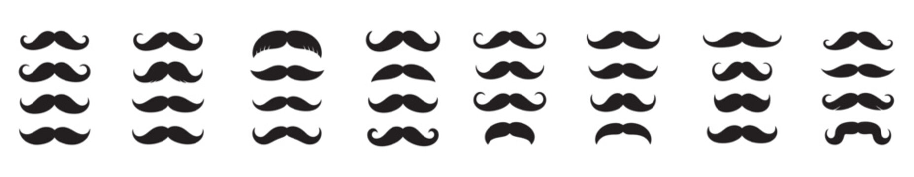 Mustache silhouettes collection set, assorted black mustache icons on white, classic, modern, curly, handlebar, vintage, cartoon styles, clean professional layout