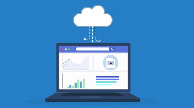 Flat vector animation of laptop displaying video analytics dashboard connected to cloud system, representing media monitoring, content reporting, and digital technology workflow.

