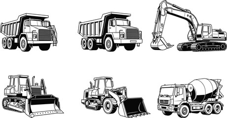 Set of heavy construction machinery vector illustrations, dump truck, excavator, bulldozer, front loader, and concrete mixer truck, industrial equipment sketches © Liza