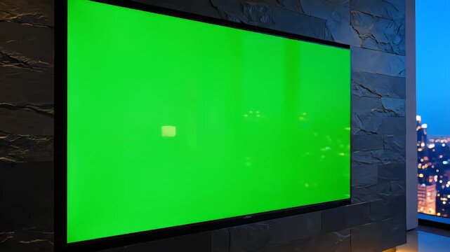 Massive modern television mockup with chroma display in luxury penthouse. Soft skyline background and elegant interior enhance premium media branding visuals