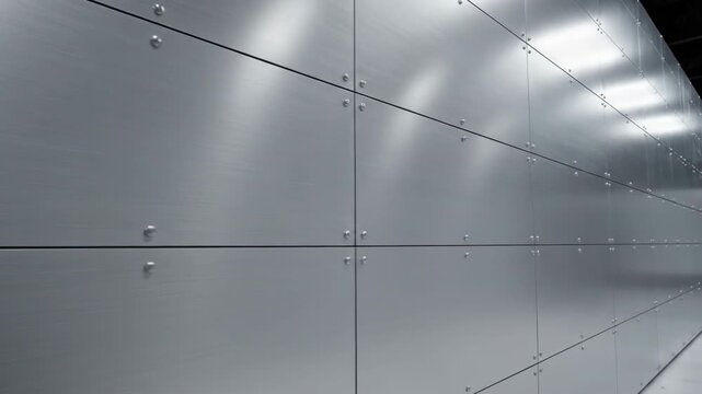 silver metallic wall panels with rivets and light reflections. modern industrial architecture texture. steel surface background. construction material, building facade, geometric pattern.