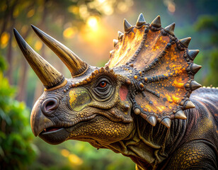 Obraz premium A dinosaur with horns on its head. The horns are yellow and brown. The dinosaur is standing in a forest