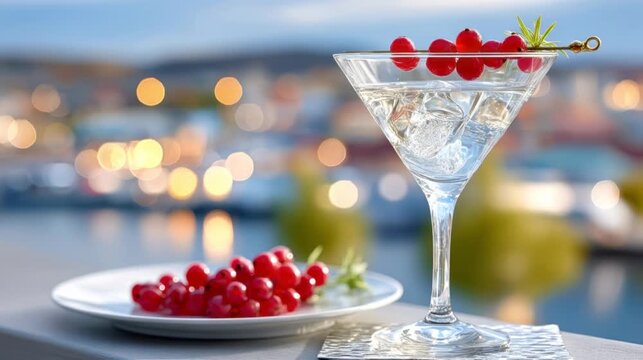 Cocktail glass with ice and red berries on outdoor table at bar or restaurant terrace. Alcohol drink served for menu design nightlife promotion and hospitality advertising.