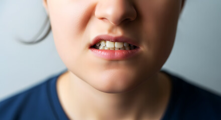 Fototapeta premium Close up of a person's mouth showing teeth bared in a grimace expression