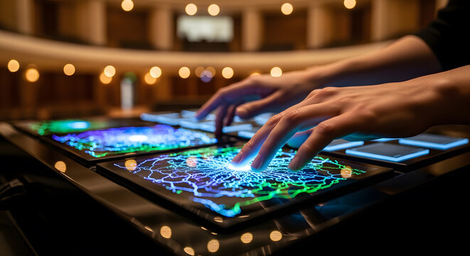 Hands interact with glowing digital screens in modern interactive display setup