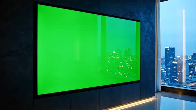Luxury penthouse interior featuring ultra thin TV with solid green display. Elegant wall mounted screen perfect for media mockup and branding presentation