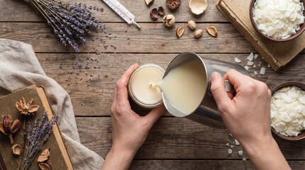 Flat Lay of Hands Carefully Pouring Hot Melted Soy Wax into Minimalist Glass Candle Jar