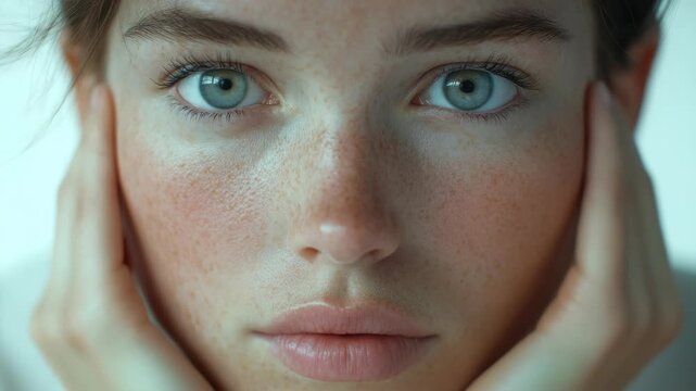 Portrait of a woman with fair complexion and light freckles looking towards the camera. The focus is on her facial features, highlighting the texture of her skin and the delicate details around her