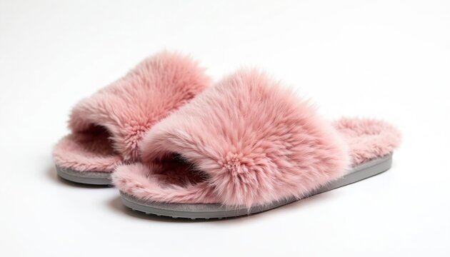 Plush pink faux fur slippers rest on a white background. These comfy slides are perfect for home relaxation and indoor wear. Soft fluffy footwear adds cozy style to your lounge.