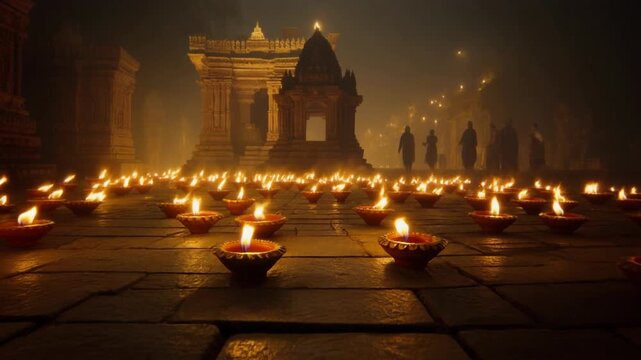 Cinematic Wide Low Angle Shot of Ancient Temple Courtyard Filled with Thousands of Burning Diyas at Night