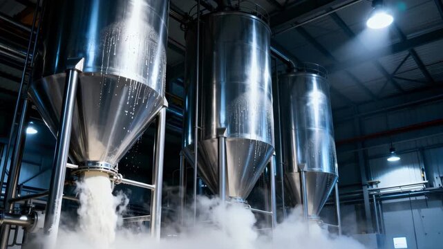 Medium shot of the tall spray drying towers sleek exterior gleaming under industrial lighting with steam rising as liquid whey converts into powder.