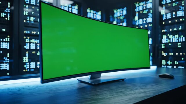Futuristic workstation featuring curved monitor with green screen. Cyber style command center enhances modern digital presentation and branding mockup visuals