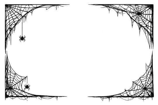 Spider web frame border halloween decoration with creepy cobweb elements and black spiders, transparent background