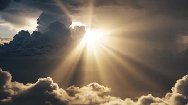 sunbeams breaking through dark storm clouds. dramatic sky with divine light rays. symbol of hope, heaven and god. spiritual religious background concept.