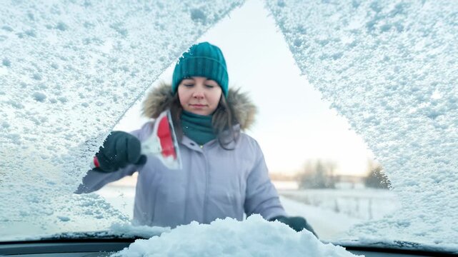 Woman using a red ice scraper to clear thick snow and frost from a car windshield on a cold winter morning.