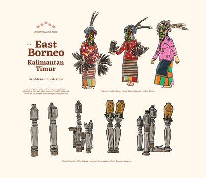 East Kalimantan Traditional Dance Culture Handdrawn Illustration