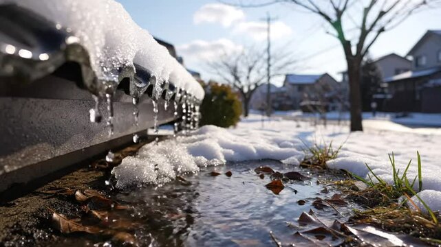 Melting snow and dripping water from a roof gutter in a residential neighborhood on a sunny winter day