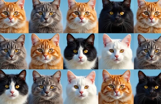 Grid of varied cat faces. Feline portraits show different breeds, colors, and expressions. Domestic pets create a repeating pattern for design use. Many cute cats together.