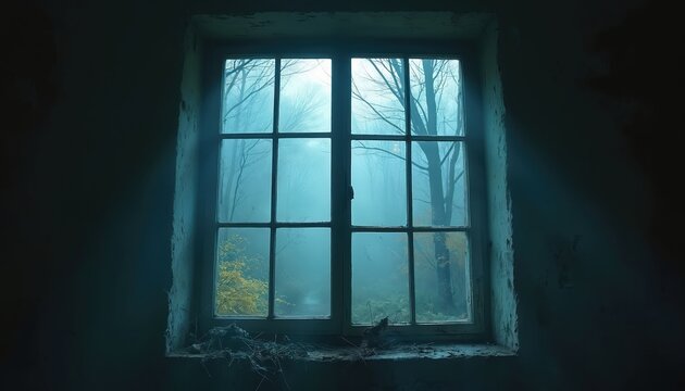 View through old dirty window pane into foggy forest. Bare trees and yellow leaves create spooky atmosphere. Creepy ambiance for Halloween or horror scene.