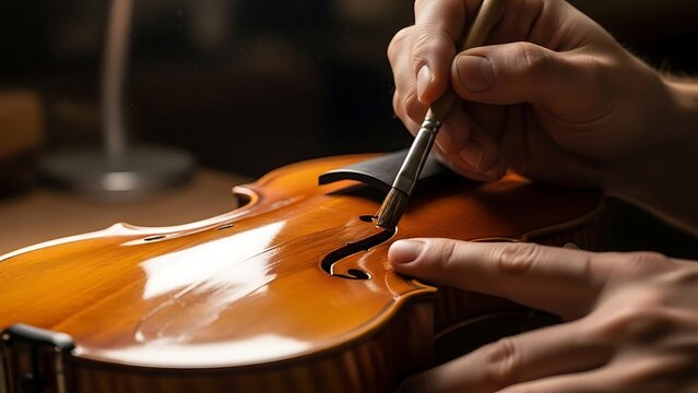 Close-up of a luthier meticulously crafting a violin.