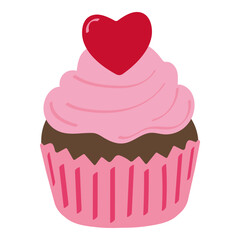 Valentines Day or wedding chocolate cupcake with pink frosting and a red heart topper. Cute vector illustration. This chocolate dessert features pink frosting a red heart on top, set in a pink liner