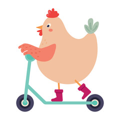 Whimsical illustration of a cute hen in boots riding a kick scooter, flat isolated. Fun, active concept