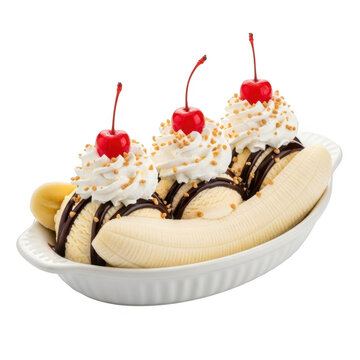 Delicious banana split with toppings isolated on transparent background