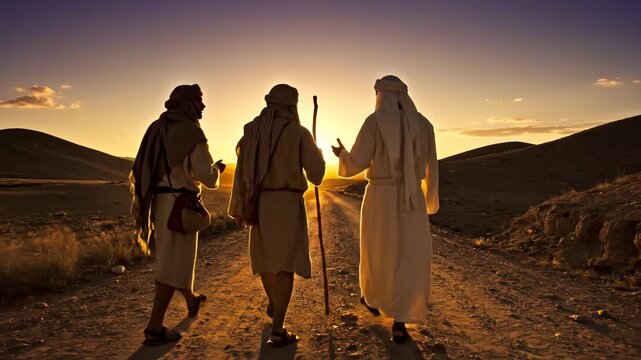 three men in ancient robes walking on dusty road towards sunset. biblical scene of disciples heading to emmaus. easter resurrection story. christian religious concept, pilgrimage journey.