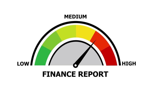 Finance report speedometer animation with needle pointing to red zone, concept of annual fiscal analysis, budget tracking, and corporate profit measurement.