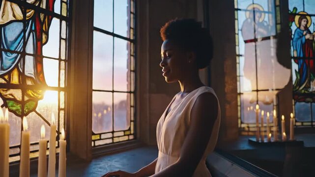 young african american woman standing near stained glass window in church. spiritual moment of prayer and hope. religious faith concept. christianity worship, catholic cathedral interior.
