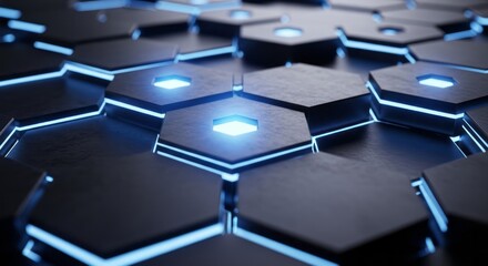 Obraz premium Futuristic Hexagonal Pattern with Blue Lighting. Concept featuring hexagon, pattern, blue light, futuristic, technology.