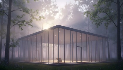 Obraz premium A modern glass cabin nestled within a misty forest illuminated by a bright ethereal sunbeam high quality professional