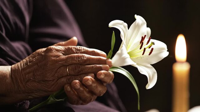 elderly hands holding white lily flower with burning candle in background. funeral and mourning concept. symbol of peace, resurrection and grief. memorial service, religious ceremony.