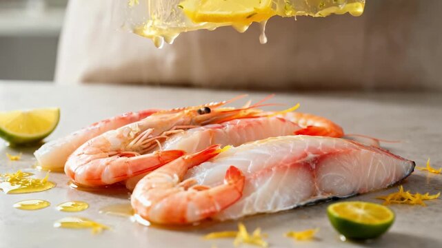 Medium shot showing hands applying a citrusbased edible protective film onto seafood highlighting the natural zesty ingredients role in extending freshness and preventing spoilage.