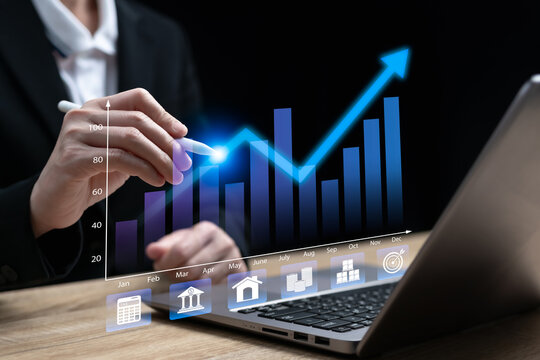 Business Forecast and Growth Planning Concept, Businesswoman Analyzing Company Performance, Financial Strategy, Investment Goals, Cost Reduction, Production, Logistics and Real Estate Profit Planning