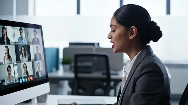 indian businesswoman leading video conference call on desktop computer. corporate professional speaking during online virtual meeting. remote work, business communication.