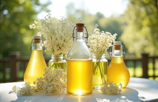 Four glass bottles filled with yellow elderflower cordial sit on white tablecloth outside. Fresh elderflower blossoms surround drinks. Background shows blurred green trees, wooden railing. Sunny day
